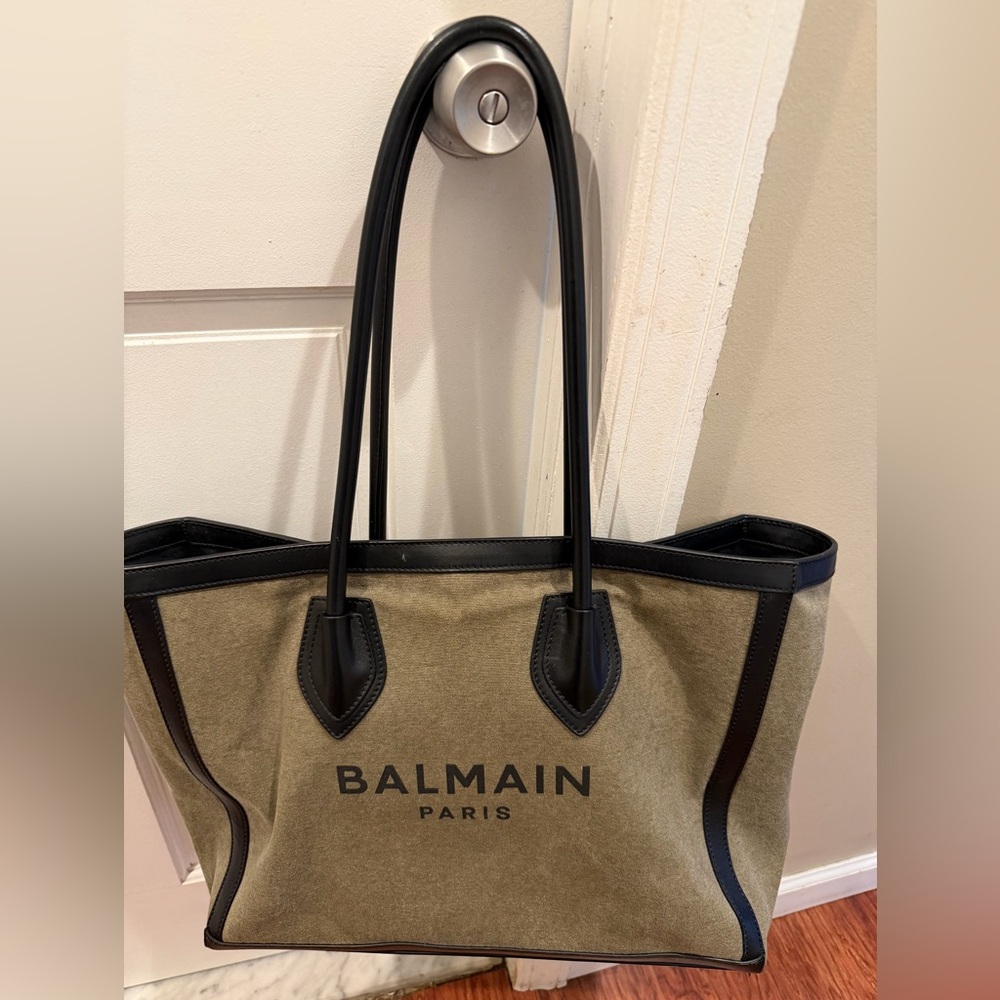 Balmain Canvas Tote in Khaki with Black Trim
